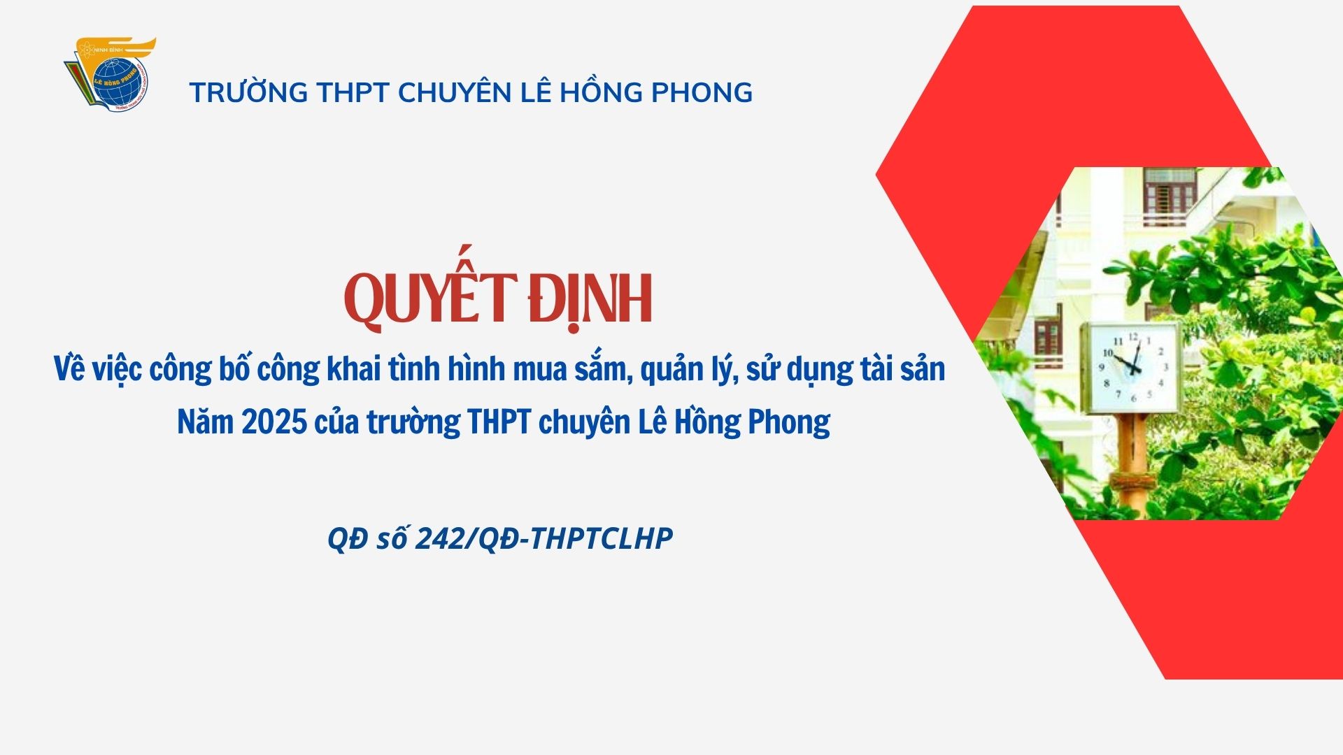 Công khai tình hình mua sắm, quản lý, sử dụng tài sản năm 2025 của trường THPT chuyên Lê Hồng Phong